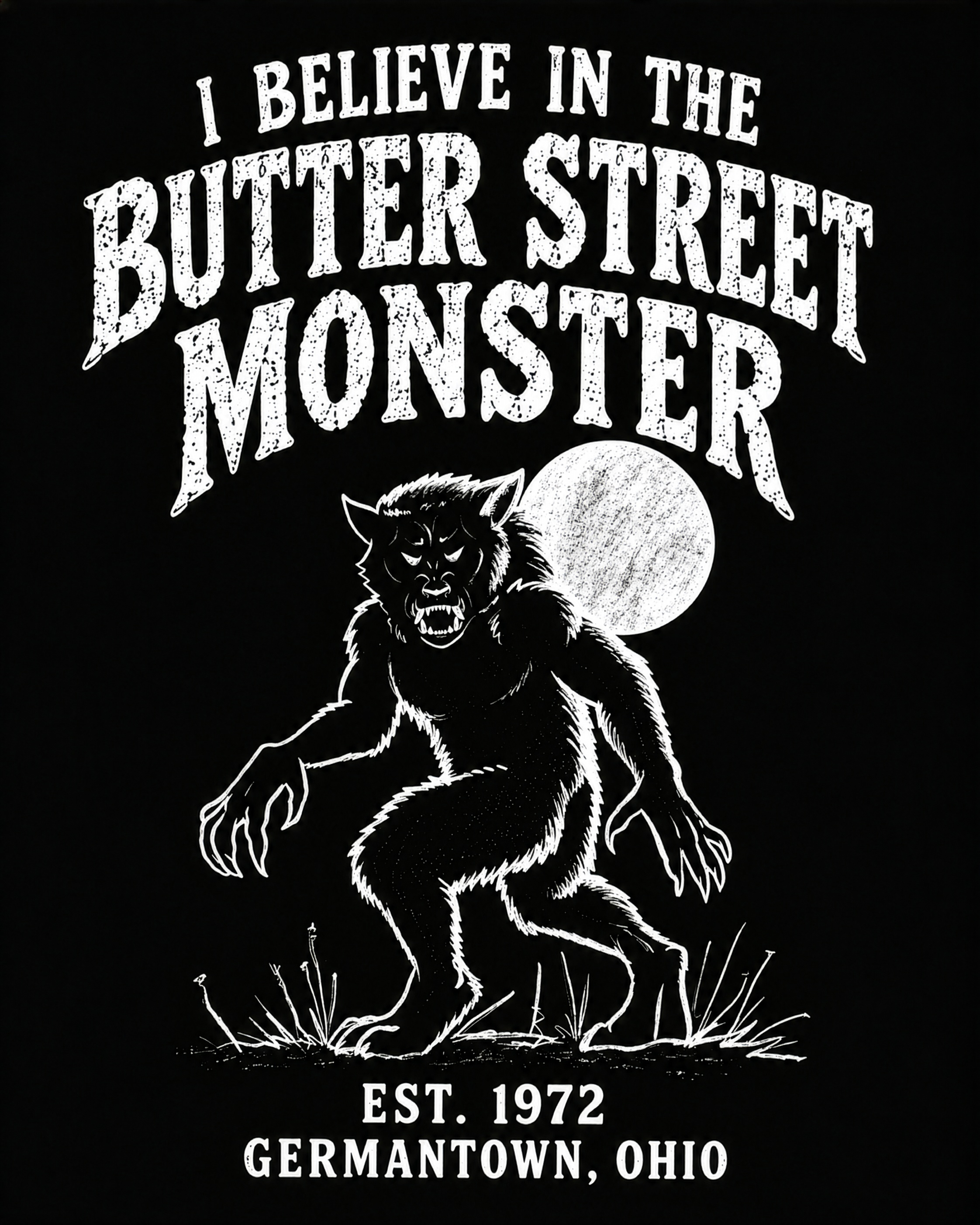 I believe in the Butter Street Monster shirt artwork: a snarling upright creature beneath a full moon, illustrated by Rachael Redolfi